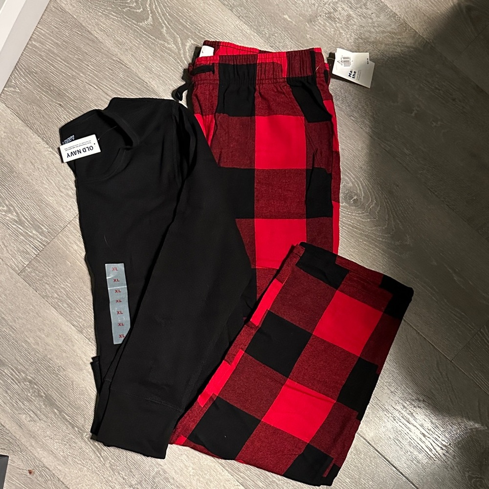 Old Navy Black Top and Red Checkered PJ Pants